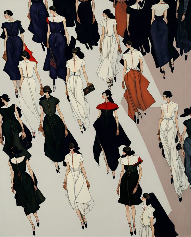 Vintage fashion illustration: Stylish women in hats and dresses viewed from above