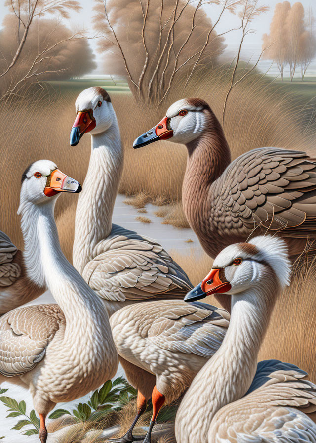 Detailed flock of geese by serene water in soft landscape