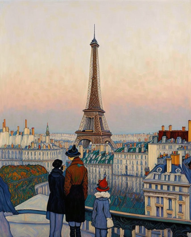 Three people admiring Paris skyline with Eiffel Tower and rooftops.