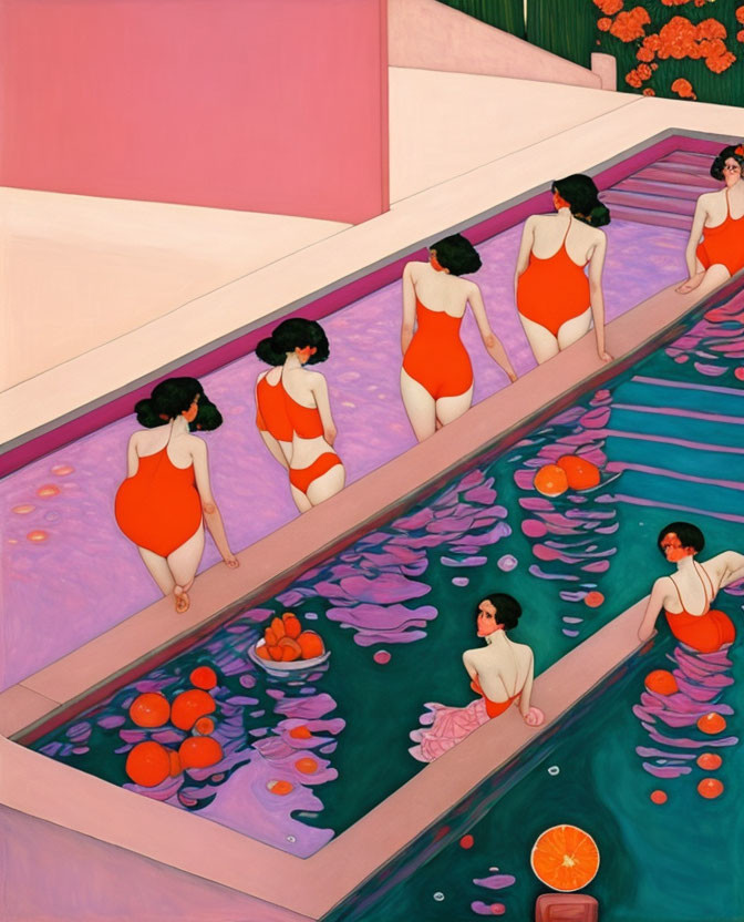 Stylized women in red swimsuits by pink pool with oranges and lily pads