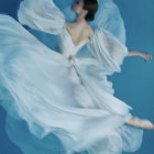 Ballerina in white tutu twirling on blue background