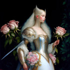 Ethereal figure in armor with roses on dark backdrop