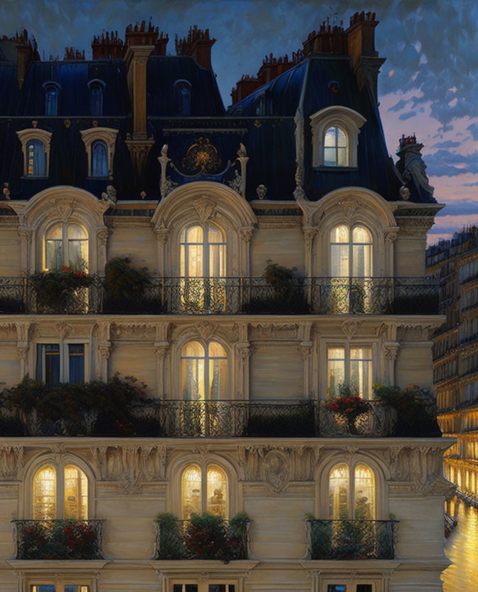 Ornate Parisian Building with Flowers and Twilight Sky