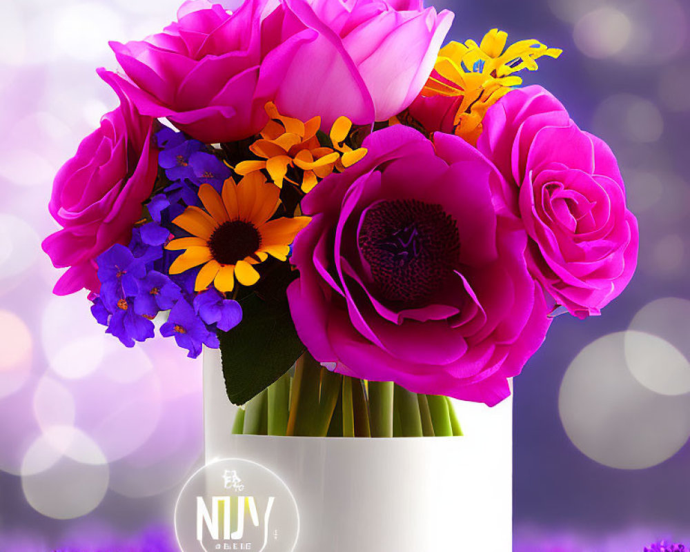 Colorful Pink and Purple Flower Bouquet in White Vase on Shimmering Purple Background