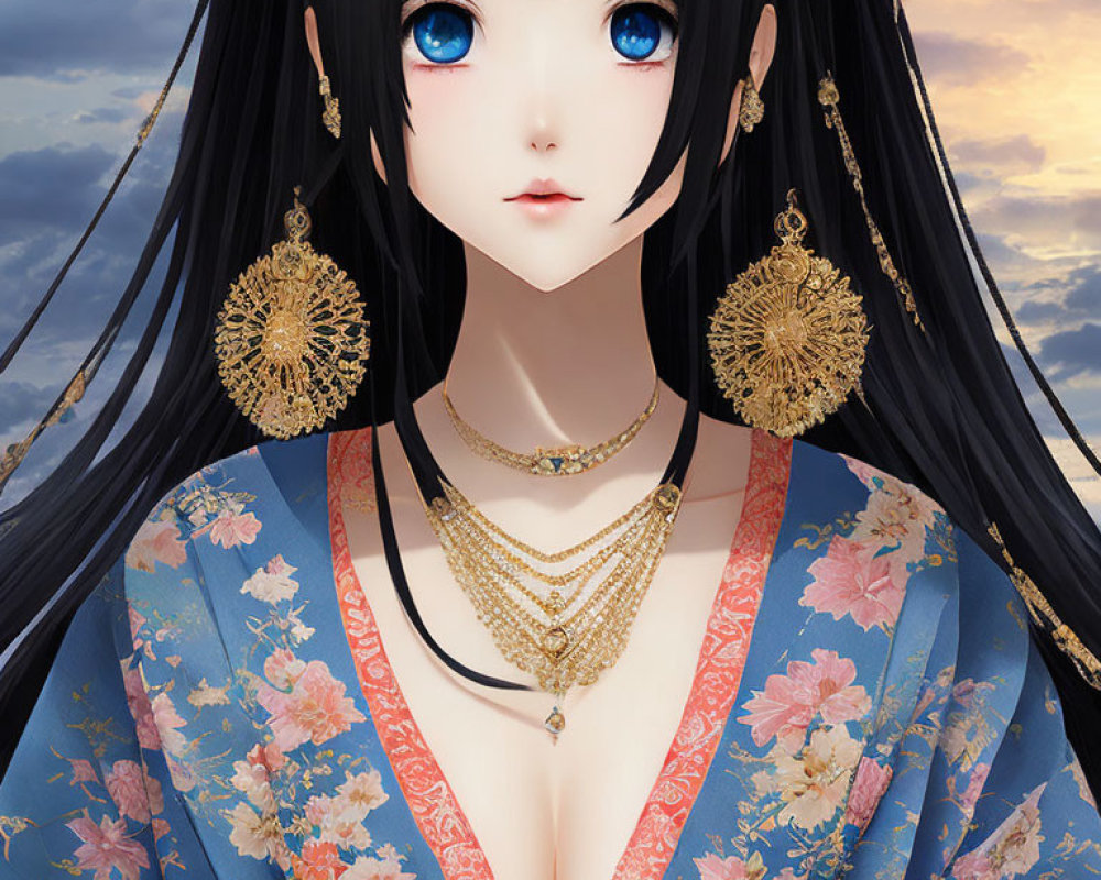 Illustration of character with blue eyes, long black hair, traditional attire, gold jewelry, cloudy sky