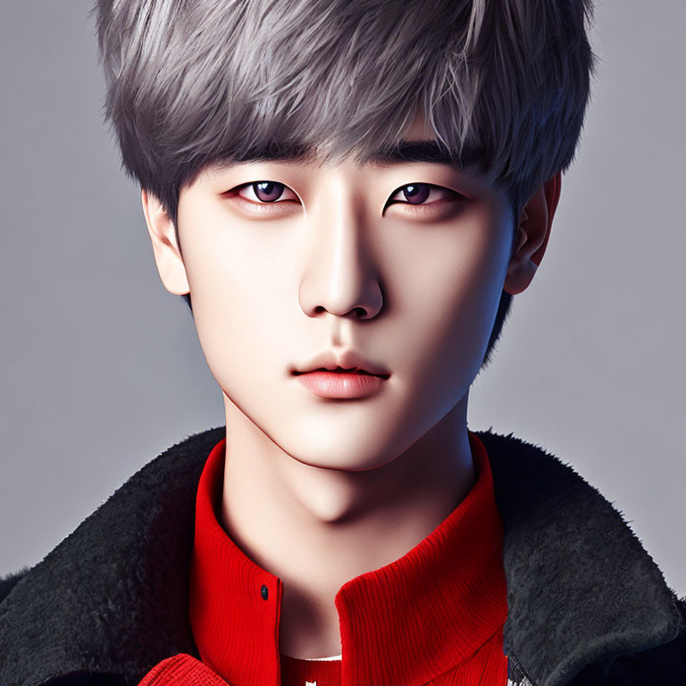 Young male with silver hair in red shirt and dark jacket on grey background