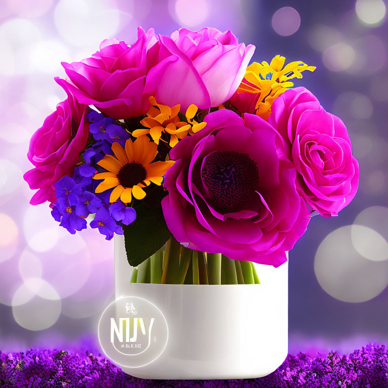 Colorful Pink and Purple Flower Bouquet in White Vase on Shimmering Purple Background