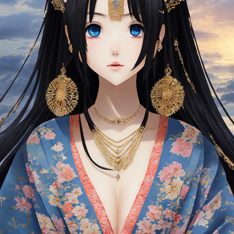 Illustration of character with blue eyes, long black hair, traditional attire, gold jewelry, cloudy sky