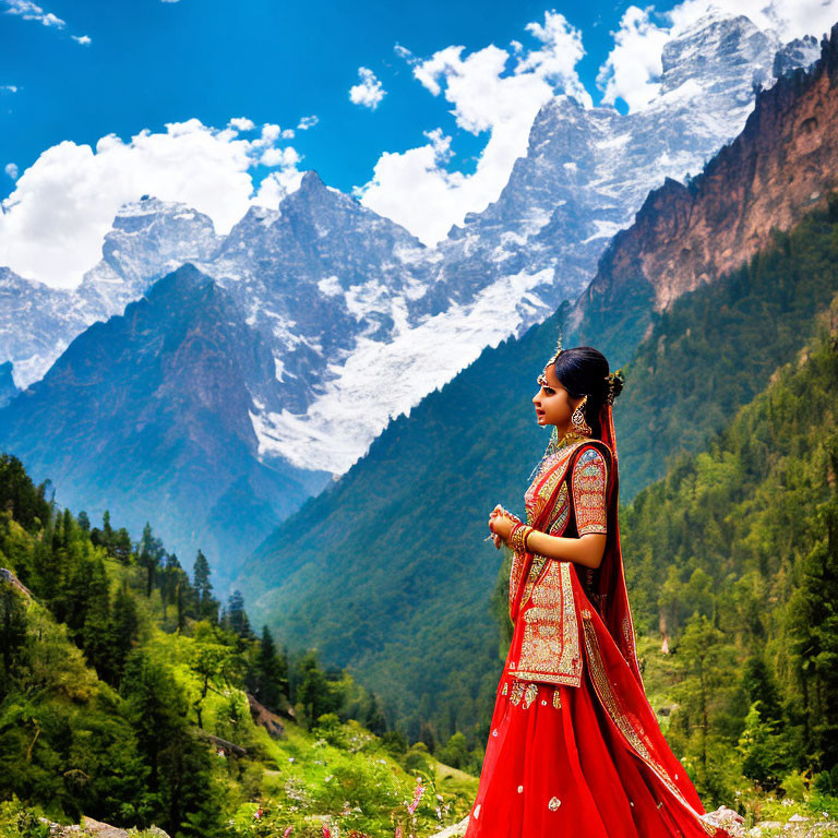 Woman in Red Traditional Dress in Green Valley with Snow-Capped Mountains