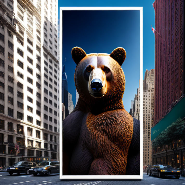 Hyper-realistic bear billboard dominates city street.