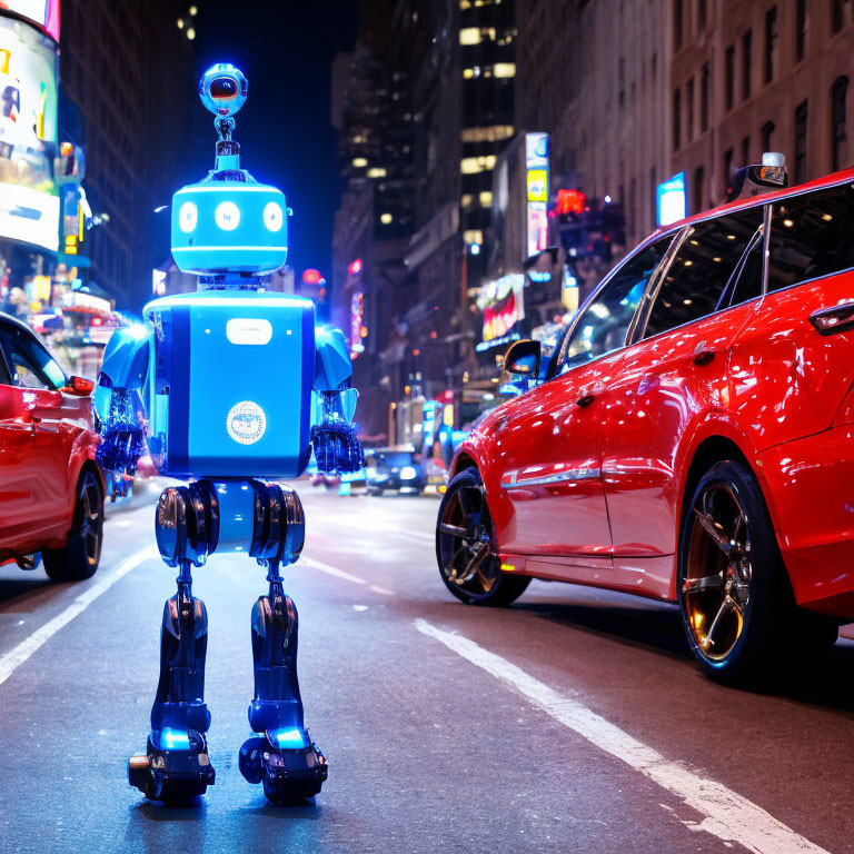 Blue robot with illuminated eyes on city street at night beside red car