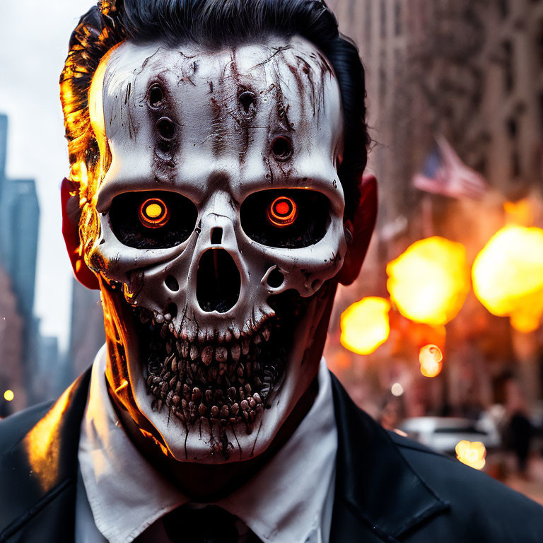 Skull Masked Person in Suit Against Urban Backdrop