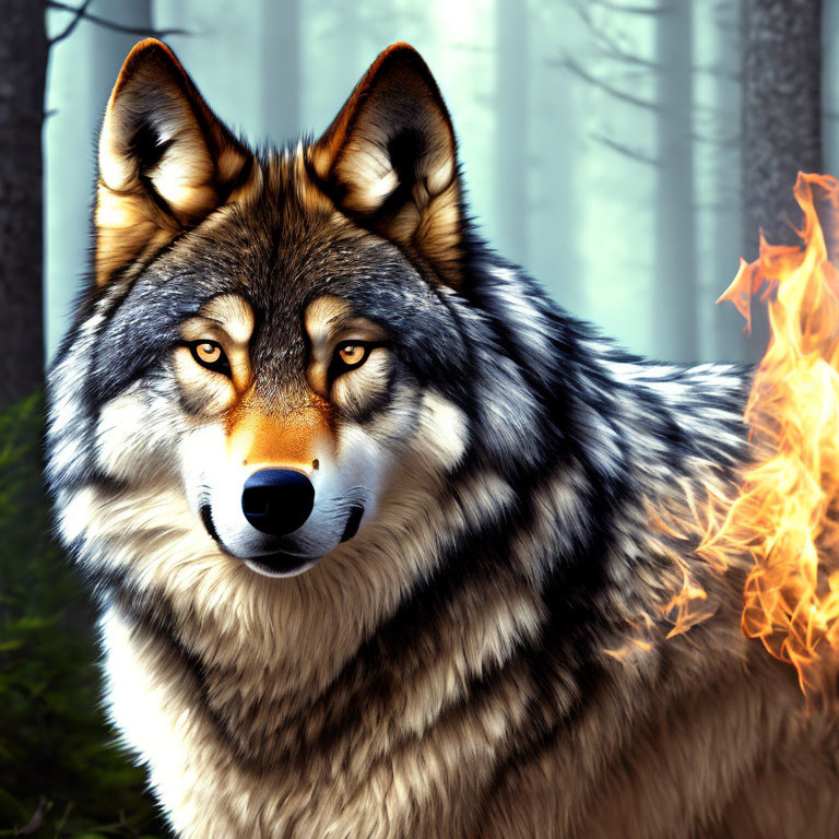 Detailed digital art of a wolf with fiery tail in forest