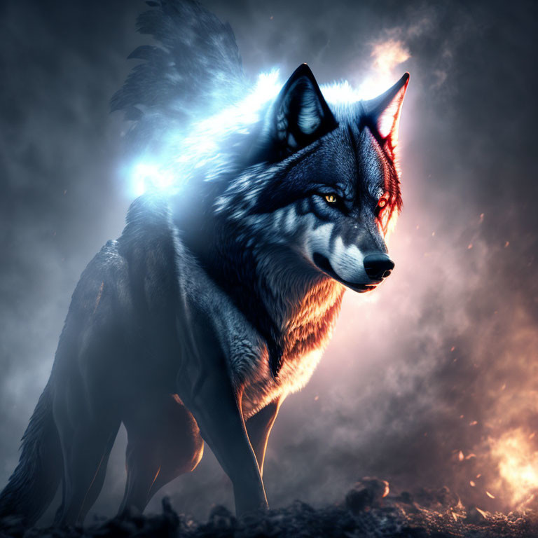 Mystical wolf digital art with glowing blue eyes and ethereal light