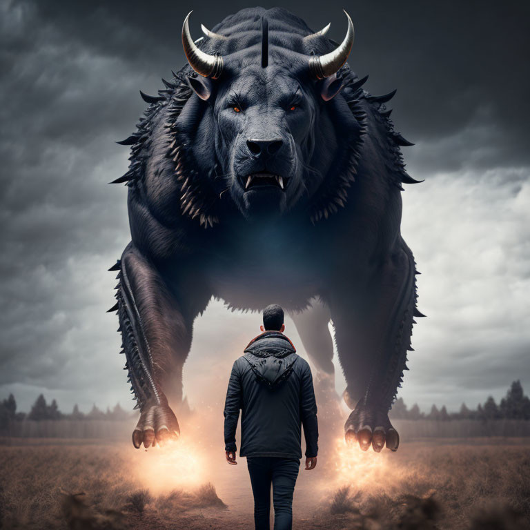 Person confronts giant mythical bull under stormy sky