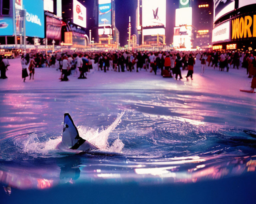 Shark fin in city street at night with crowd and billboards