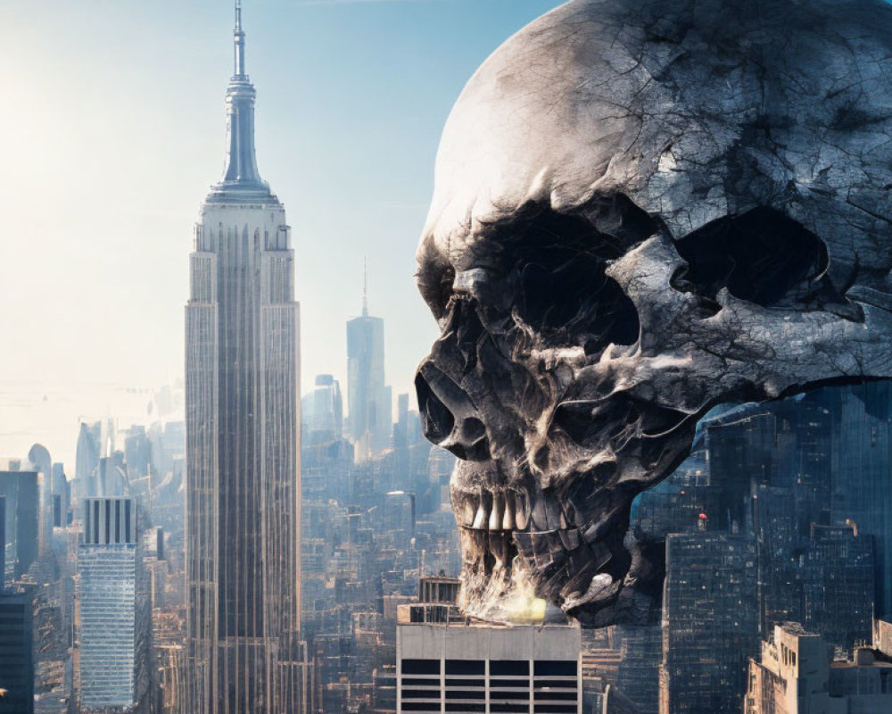 Giant skull over cityscape with Empire State Building, blue sky