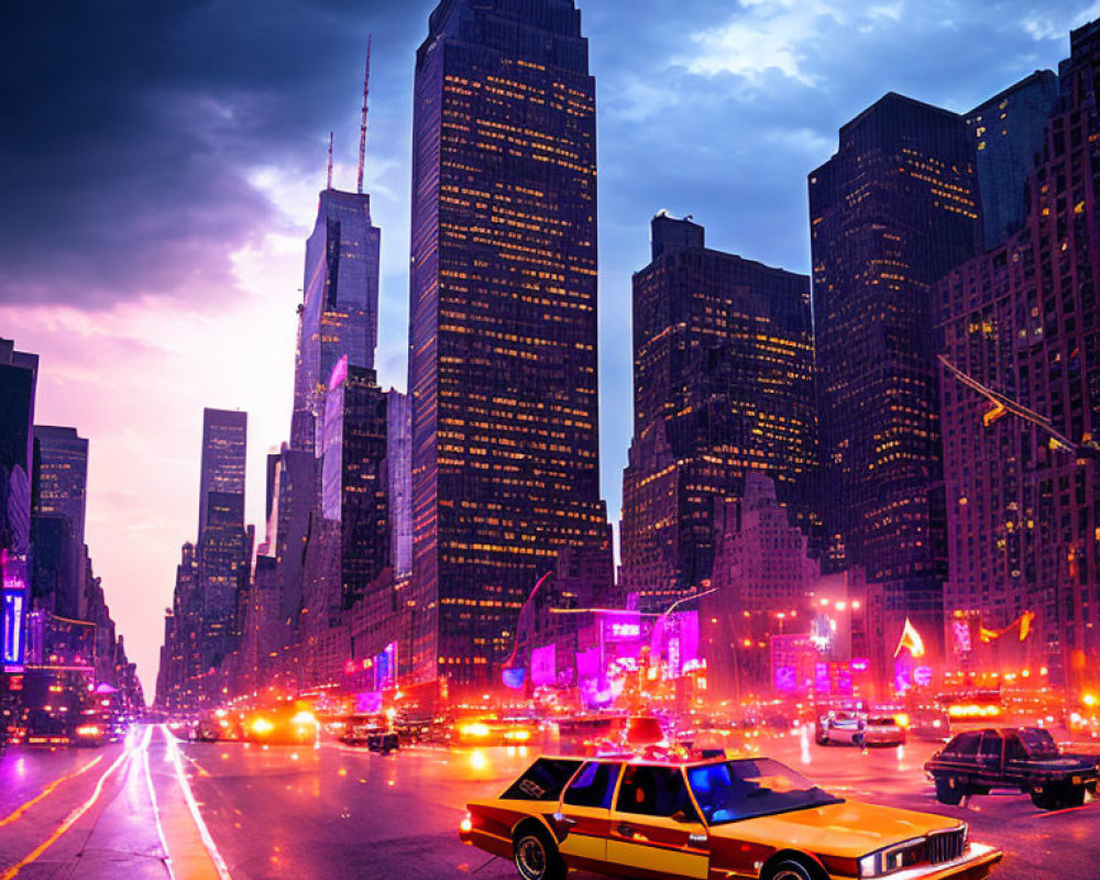 Illuminated cityscape at dusk with yellow cab and colorful sky