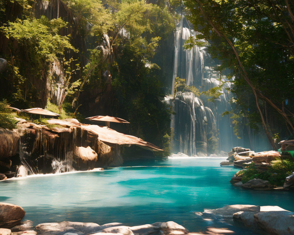 Tranquil Waterfall Flowing into Blue Lagoon