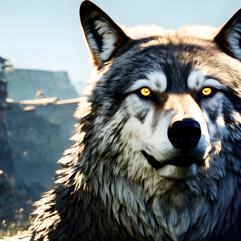 Detailed 3D-rendered wolf with yellow eyes against natural cliffs.