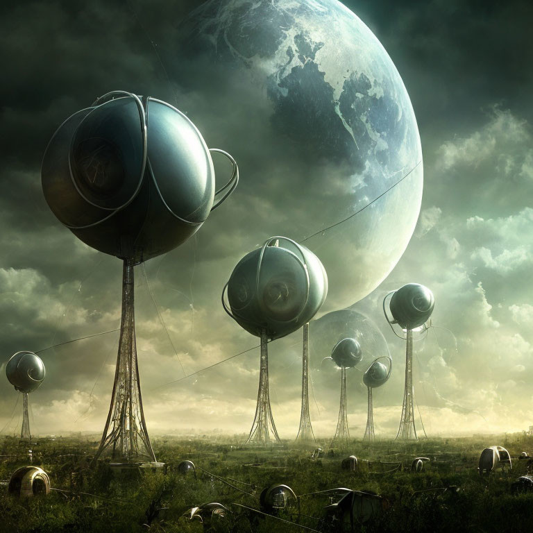 Surreal landscape with futuristic speaker-like structures under stormy sky