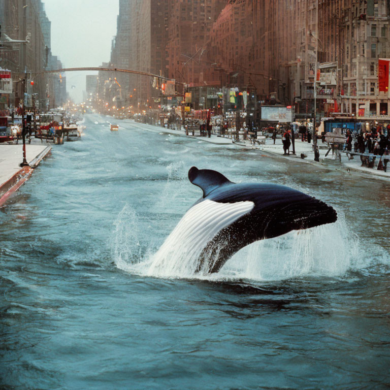 Surreal image of giant whale tail in urban flood