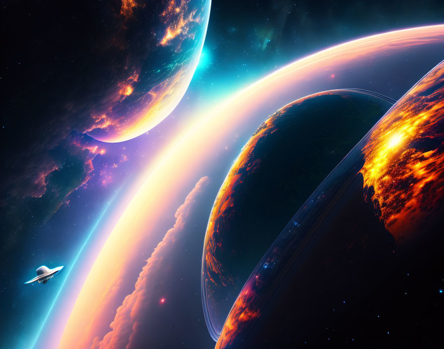 Colorful Space Scene: Planets, Starry Sky, Spaceship