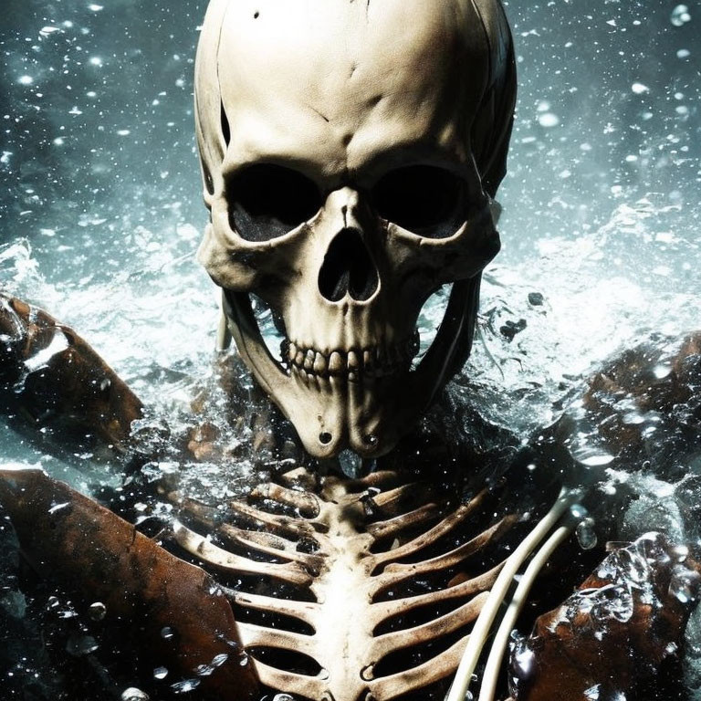 Skeleton submerged in water with dynamic splashes: Creepy and dramatic scene