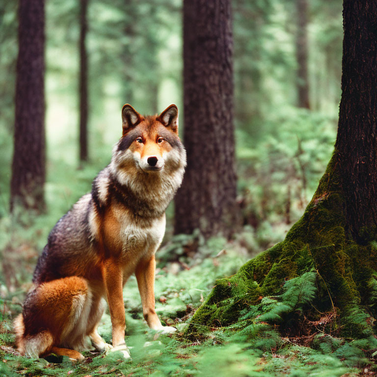 Alert wolf in lush forest with tall trees and moss-covered ground