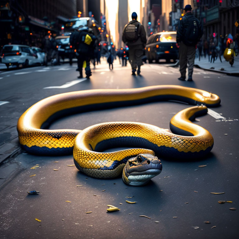 Enormous golden snake in city street with pedestrians and cars