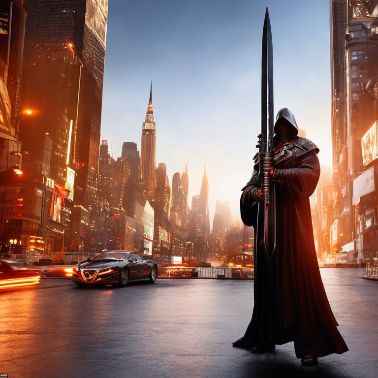 Cloaked figure with large sword in futuristic cityscape at dusk