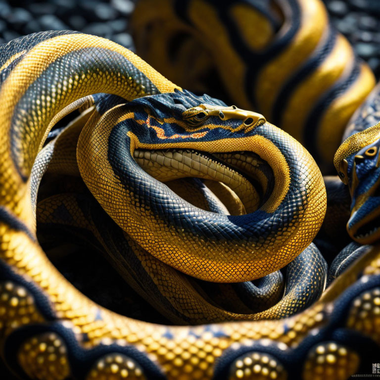 Vibrant Yellow and Black Snake with Piercing Eyes and Scales