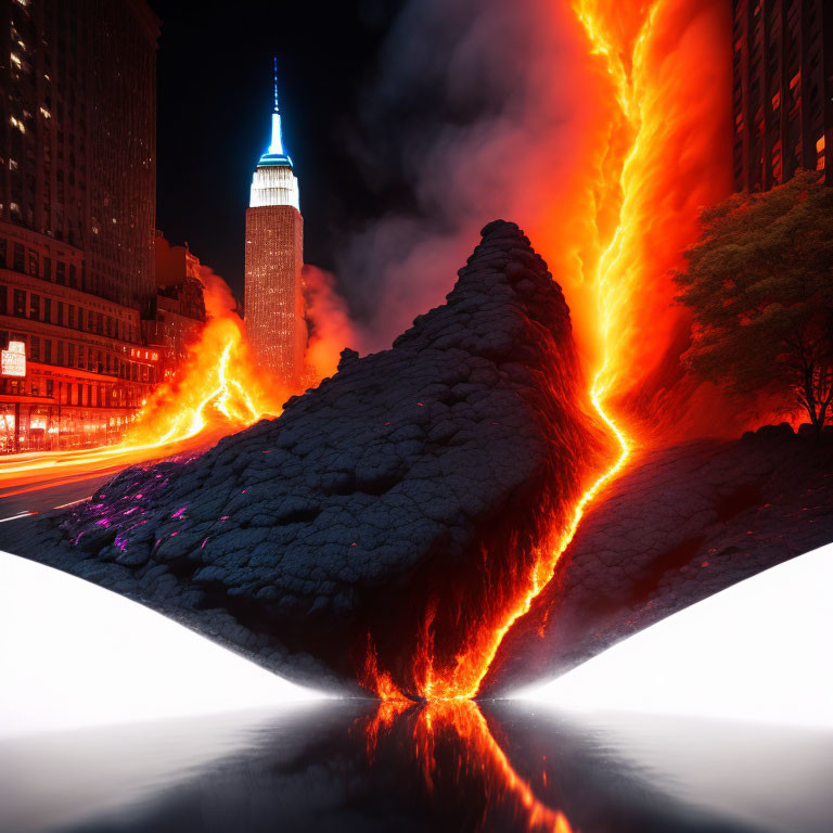 Urban street fissure with lava and Empire State Building at night