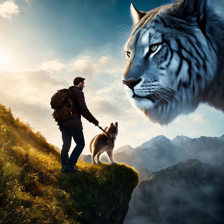 Man with Backpack and Dog Confronts Tiger Head on Mountain Ridge