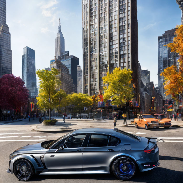 Luxury sports car parked in city street with skyscrapers and autumn trees under clear blue sky