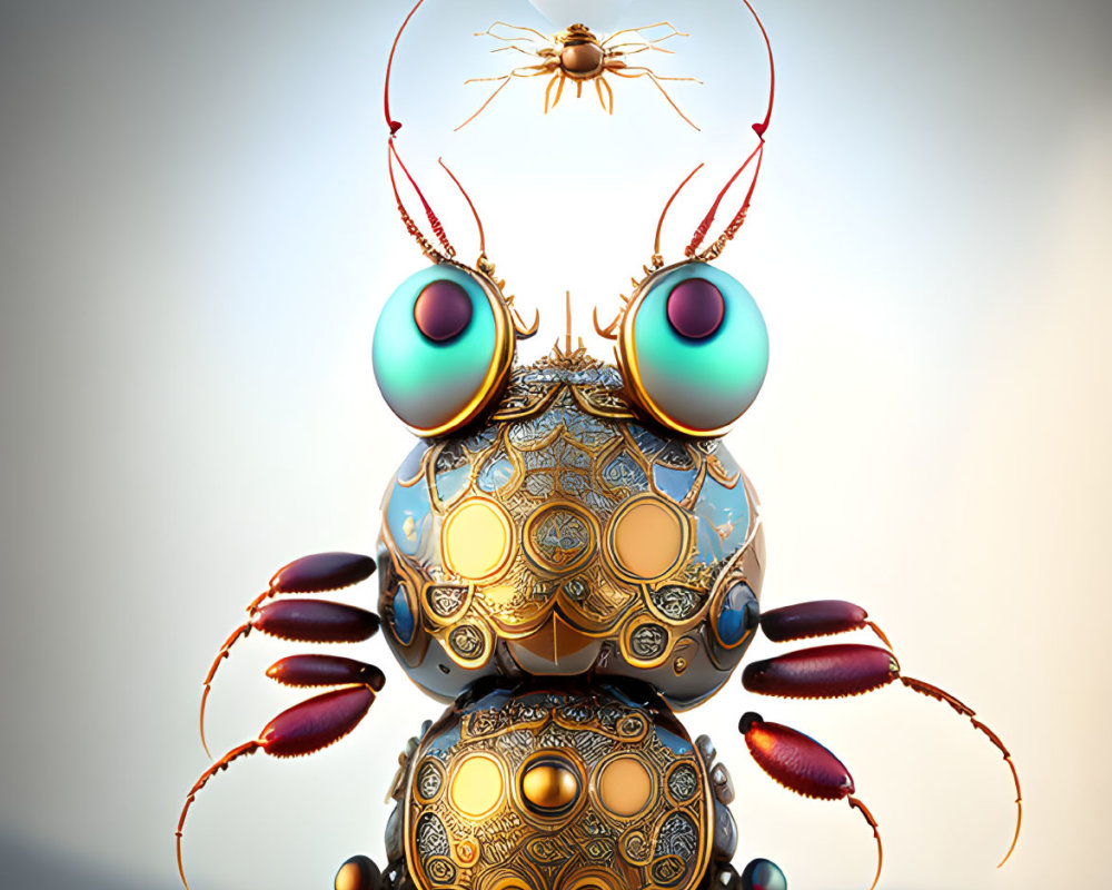 Colorful digitally created mechanical insect with intricate metallic patterns and smaller insect on top