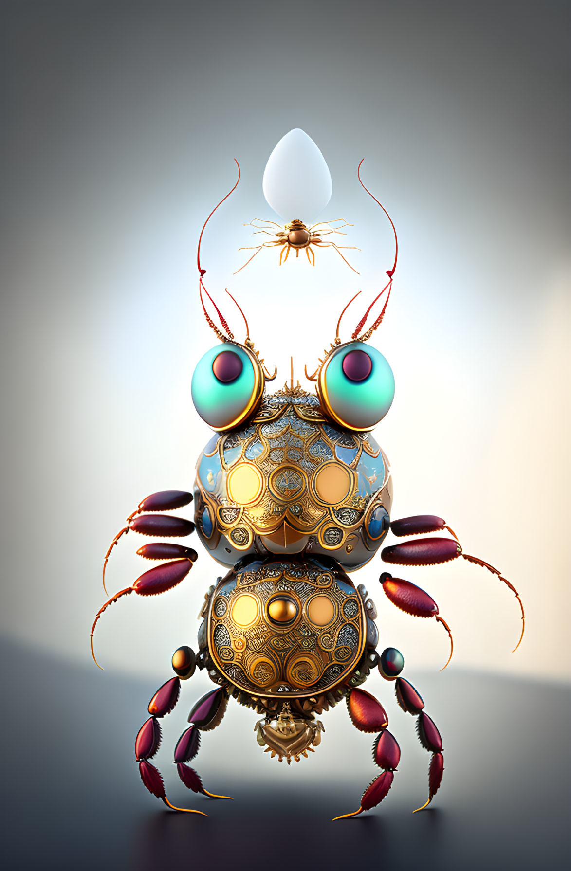 Colorful digitally created mechanical insect with intricate metallic patterns and smaller insect on top