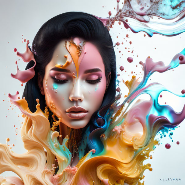 Vivid surreal portrait with flowing liquid colors and makeup blending.