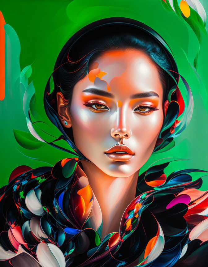 Vibrant makeup woman in abstract design against green backdrop