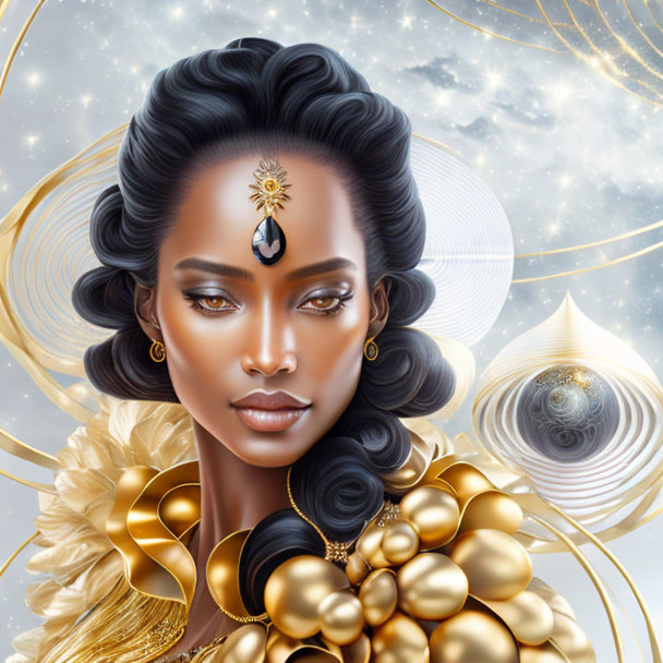 Digital art portrait of woman with gold jewelry and celestial background