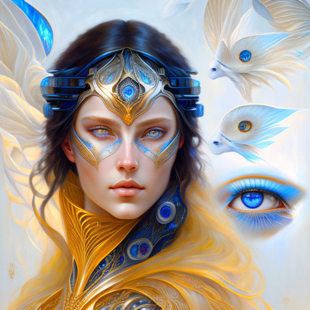 Fantasy artwork: Woman in blue and gold headgear with birds and mystical eyes.