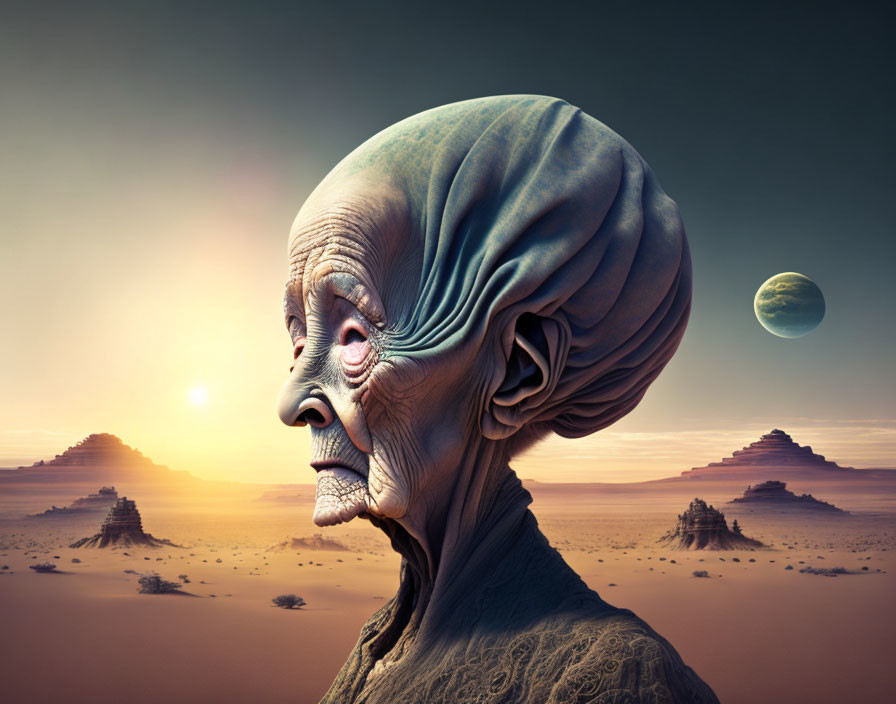 Elderly alien with elongated head admiring desert sunset