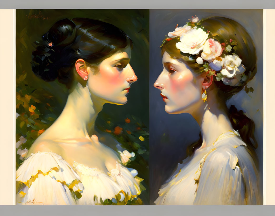 Classical portraits of women with elegant hairstyles and floral adornments