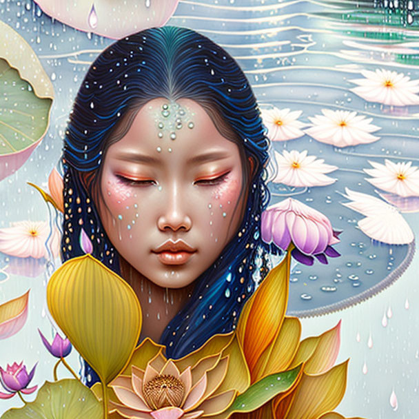 Serene girl with starry hair surrounded by water lilies and lotus flowers.