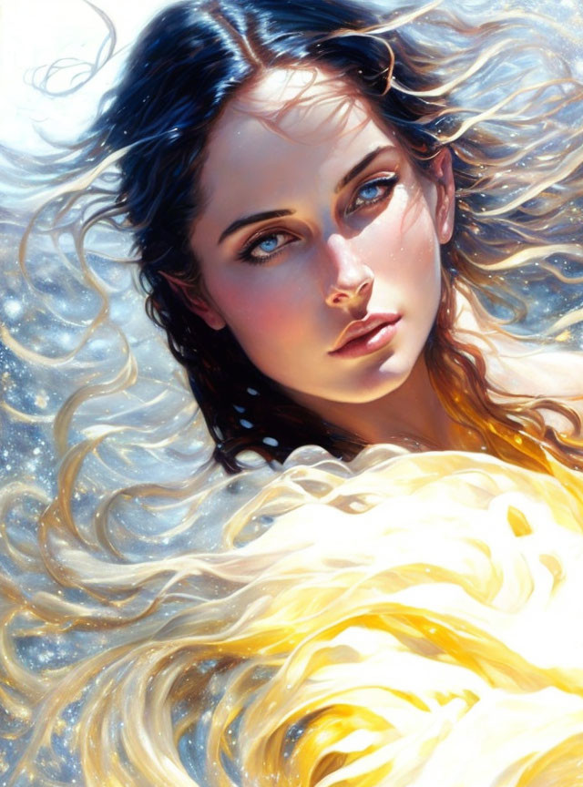 Digital artwork: Woman with dark hair and blue eyes in radiant light