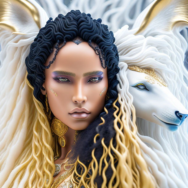 Intricate black braids and gold accessories with mythical white goat creature