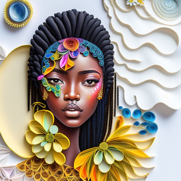 Colorful digital art featuring woman with intricate hair and floral elements