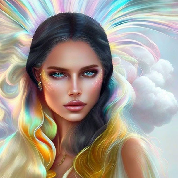 Colorful woman with radiant hair under sky halo.