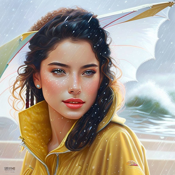 Young woman in yellow raincoat by the sea with blurred umbrella