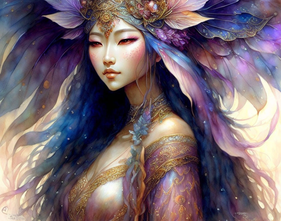 Fantasy female figure with intricate jewelry and colorful hair